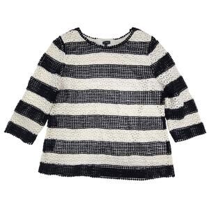 Talbots Lace Blouse Large Black White Striped Crochet 3/4 Sleeve Classic Elegant